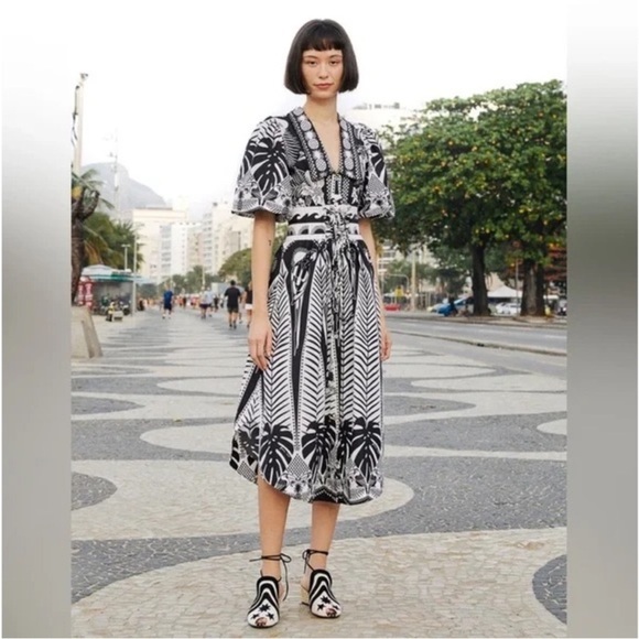 FARM Rio Black and White Tiered Ruffled Midi Sundress - Picture 1 of 8